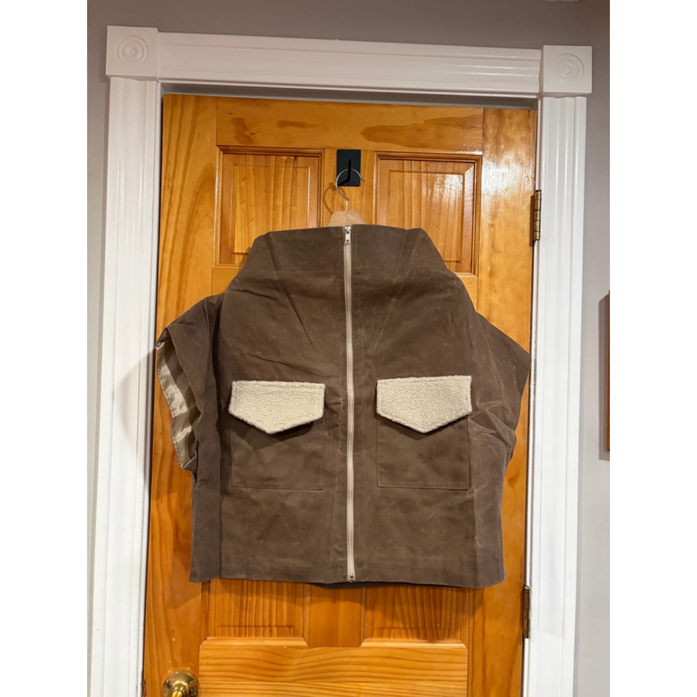 Ann Everett Waxed Weathered Boxy Grunge Canvas Poncho Shearling Pocket Oversized